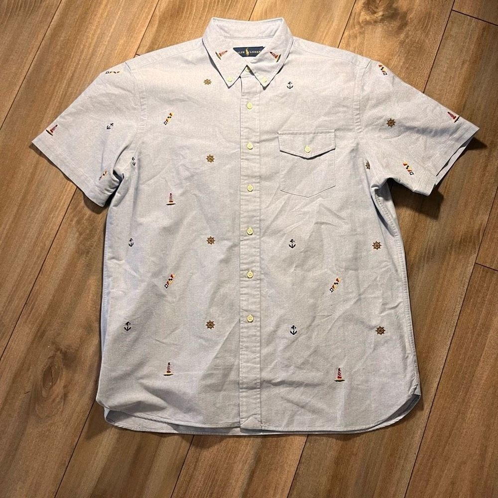 Ralph Lauren Mens Blue Oxford‎ Short Sleeve Nautical Shirt Large Bin P-61